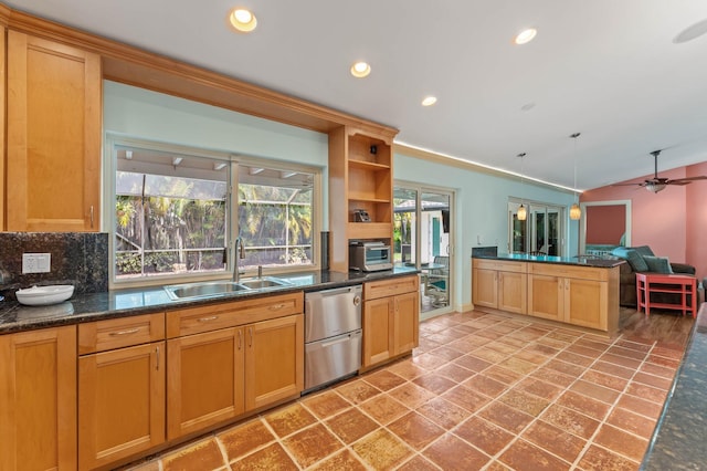 kitchen featuring a sink, lofted ceiling, decorative backsplash, ceiling fan, and open shelves