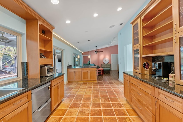 kitchen with vaulted ceiling, open shelves, ceiling fan, rail lighting, and recessed lighting