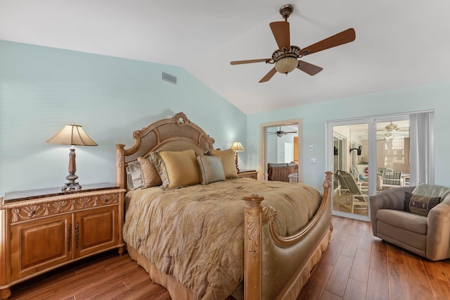 bedroom featuring vaulted ceiling, wood finished floors, ceiling fan, access to outside, and visible vents