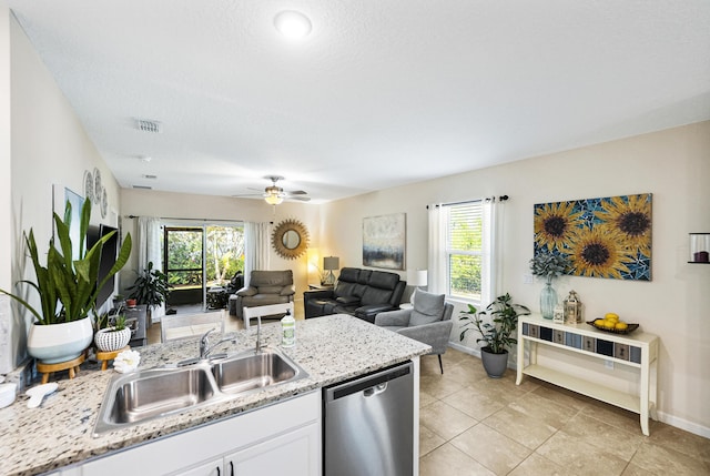 kitchen featuring a sink, stainless steel dishwasher, white cabinetry, and a wealth of natural light