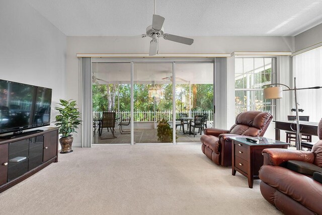 5166 SE Inkwood Way, Hobe Sound, FL 33455 - carpeted living room featuring a textured ceiling and ceiling fan