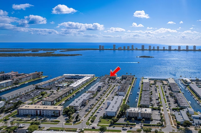 aerial view featuring a water view