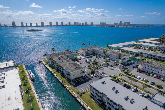 aerial view with a water view and a city view