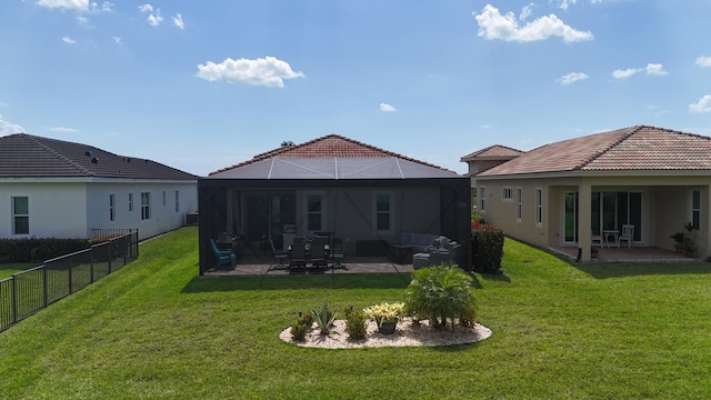 rear view of property with a patio area, a tiled roof, and an outdoor living space