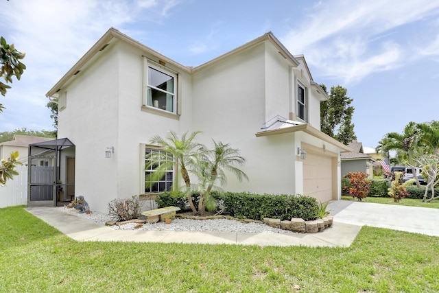 144 Pennock Landing Cir, Jupiter, FL 33458 - view of side of home featuring stucco siding, a lawn, an attached garage, and concrete driveway