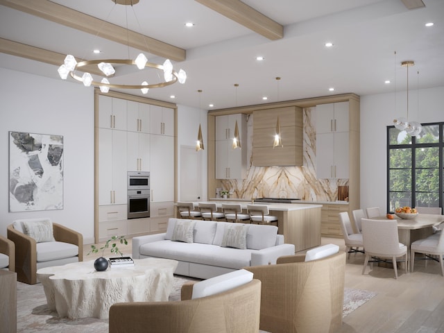 kitchen with light countertops, a breakfast bar, decorative backsplash, and glass insert cabinets