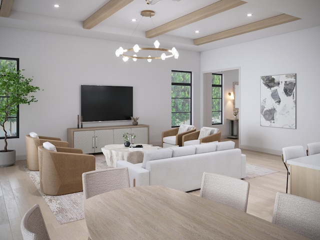 716 NE 2nd St, Delray Beach, FL 33444 - living room with light wood finished floors, a chandelier, beamed ceiling, recessed lighting, and baseboards