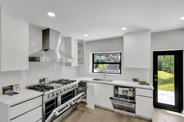 5832 Alton Rd, Miami Beach, FL 33140 - kitchen with wall chimney range hood, double oven range, open shelves, a sink, and modern cabinets