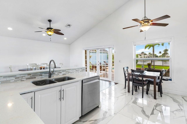 12820 Smithdale Pl, Boca Raton, FL 33428 - kitchen with french doors, ceiling fan, dishwasher, marble finish floor, and a sink