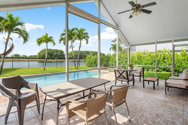 12820 Smithdale Pl, Boca Raton, FL 33428 - sunroom featuring a water view, a wealth of natural light, an outdoor hangout area, and ceiling fan