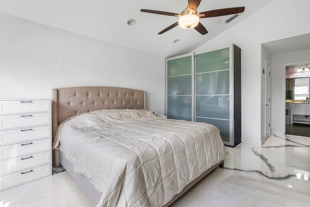 12820 Smithdale Pl, Boca Raton, FL 33428 - bedroom featuring a textured ceiling, a ceiling fan, and lofted ceiling