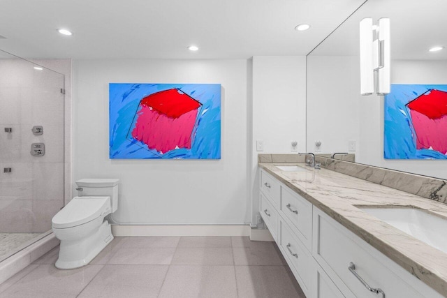 2917 S Ocean Blvd Unit 104, Highland Beach, FL 33487 - bathroom featuring a stall shower, toilet, recessed lighting, double vanity, and baseboards