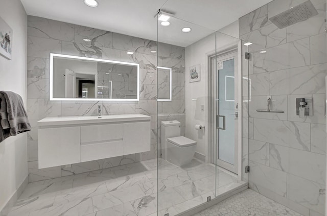 2416 NW 32nd St, Boca Raton, FL 33431 - bathroom with a marble finish shower, vanity, marble finish floors, toilet, and recessed lighting