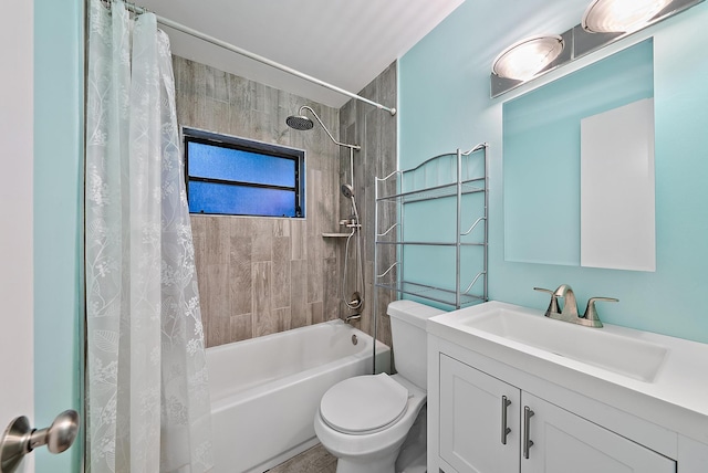bathroom featuring shower / bath combo with shower curtain, vanity, and toilet