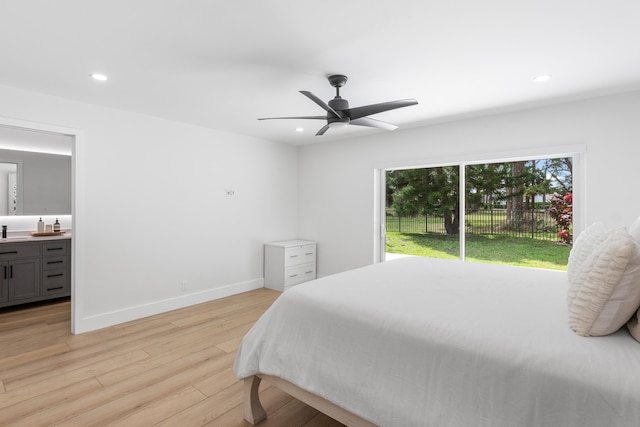 654 Lakewoode Cir W, Delray Beach, FL 33445 - bedroom featuring access to exterior, light wood-style flooring, recessed lighting, connected bathroom, and ceiling fan