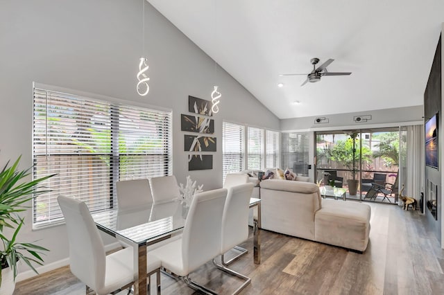 21687 Cromwell Cir, Boca Raton, FL 33486 - dining space featuring recessed lighting, wood finished floors, a ceiling fan, baseboards, and high vaulted ceiling