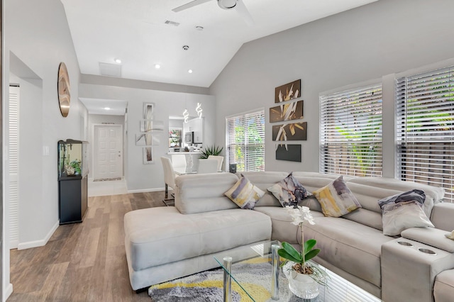21687 Cromwell Cir, Boca Raton, FL 33486 - living area featuring baseboards, a ceiling fan, wood finished floors, and recessed lighting