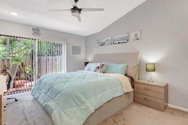 21687 Cromwell Cir, Boca Raton, FL 33486 - bedroom with lofted ceiling, baseboards, access to outside, light colored carpet, and ceiling fan