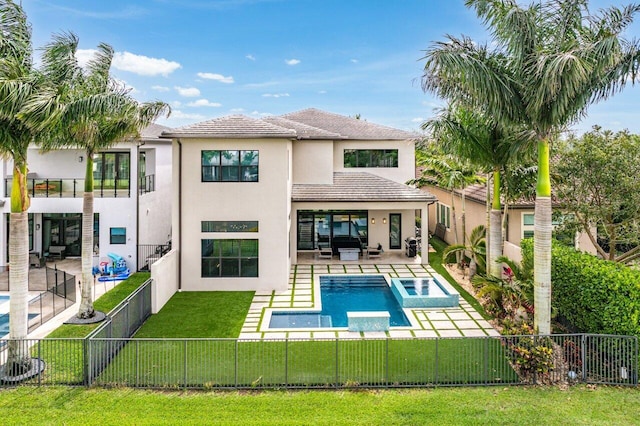 17165 Abruzzo Ave, Boca Raton, FL 33496 - rear view of house with a yard, a fenced backyard, stucco siding, a patio, and a fenced in pool