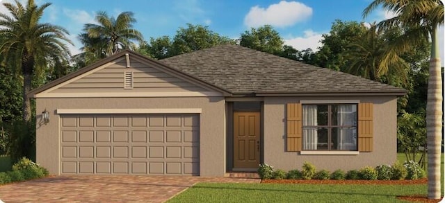 ranch-style house with a shingled roof, stucco siding, decorative driveway, and an attached garage