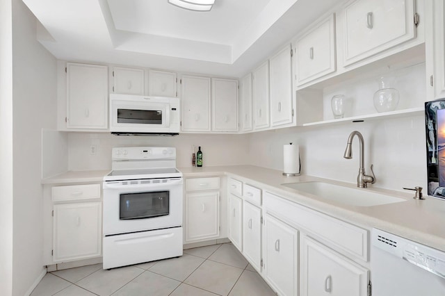 1625 Bridgewood Dr, Boca Raton, FL 33434 - kitchen with a sink, white appliances, light tile patterned flooring, open shelves, and a raised ceiling