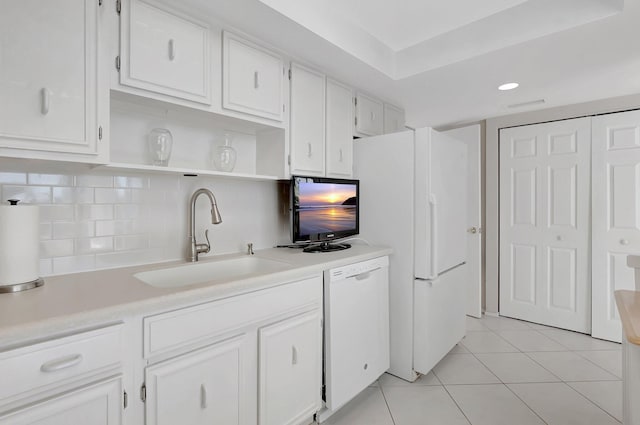 1625 Bridgewood Dr, Boca Raton, FL 33434 - kitchen featuring light tile patterned floors, white appliances, a sink, open shelves, and white cabinets