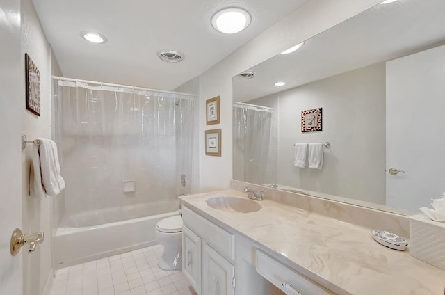 1625 Bridgewood Dr, Boca Raton, FL 33434 - full bathroom with toilet, shower / bath combo with shower curtain, tile patterned floors, visible vents, and vanity