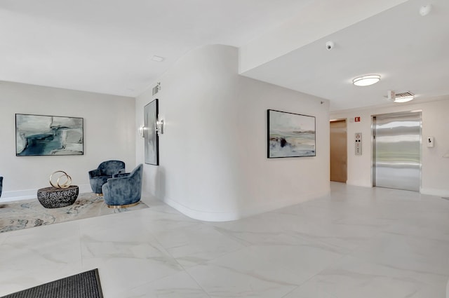 1625 Bridgewood Dr, Boca Raton, FL 33434 - hall featuring elevator, visible vents, and baseboards