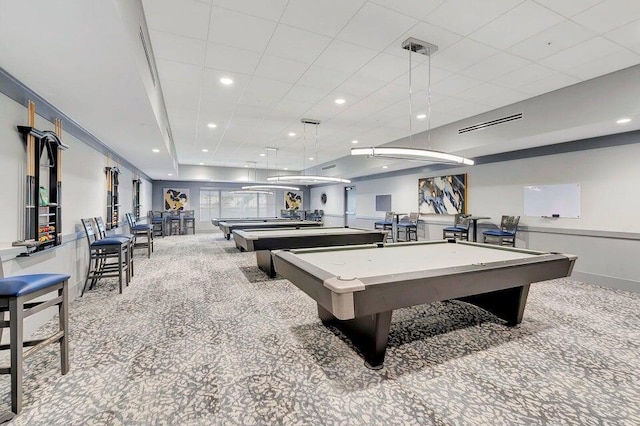playroom with carpet floors, billiards, and recessed lighting