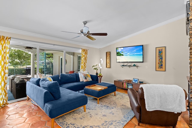 tiled living area featuring ornamental molding, a ceiling fan, and lofted ceiling