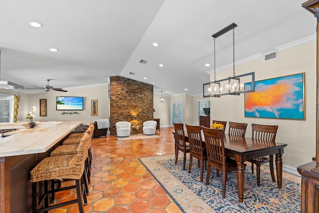 dining space featuring recessed lighting, visible vents, vaulted ceiling, and ornamental molding