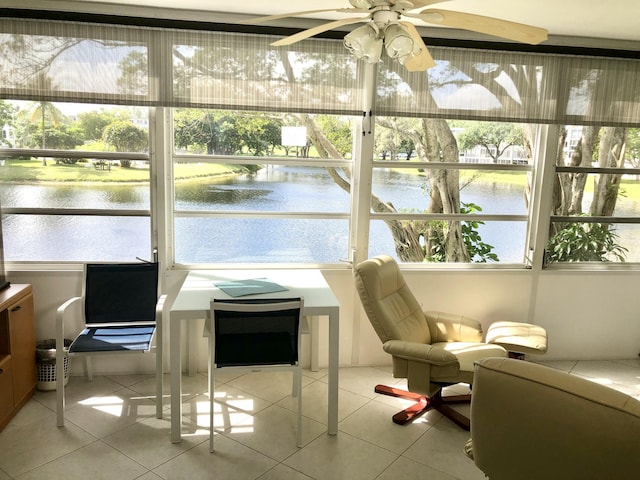 sunroom / solarium featuring a water view and plenty of natural light