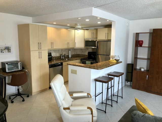 kitchen featuring a sink, a peninsula, a toaster, decorative backsplash, and appliances with stainless steel finishes