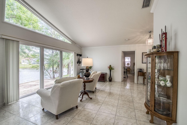 104 Cove Rd, Greenacres, FL 33413 - living room featuring vaulted ceiling, crown molding, and a water view