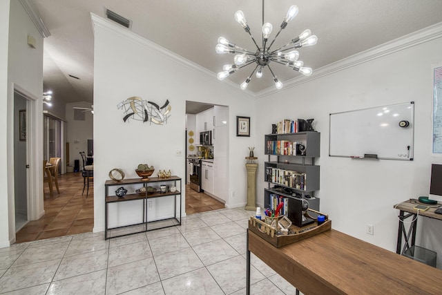104 Cove Rd, Greenacres, FL 33413 - hall with a chandelier, ornamental molding, light tile patterned flooring, and baseboards