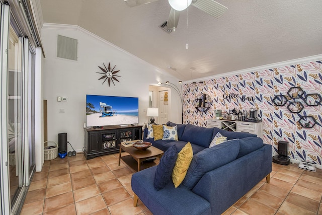 104 Cove Rd, Greenacres, FL 33413 - living area with vaulted ceiling, a ceiling fan, light tile patterned flooring, and crown molding