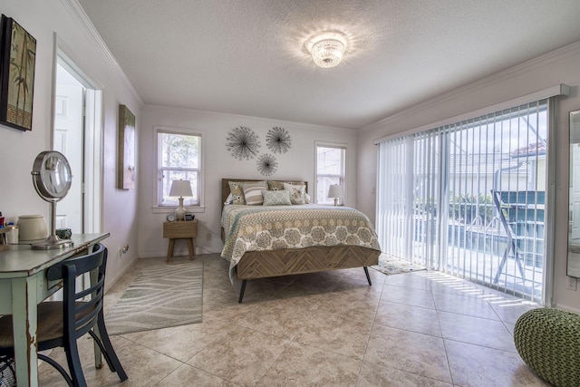 104 Cove Rd, Greenacres, FL 33413 - bedroom featuring access to exterior, ornamental molding, a textured ceiling, and light tile patterned floors