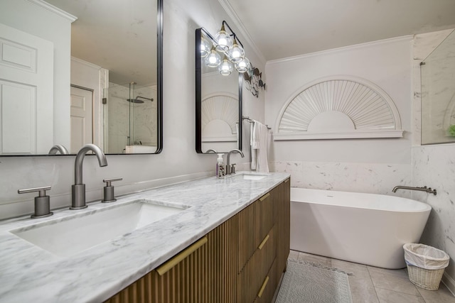 104 Cove Rd, Greenacres, FL 33413 - full bath featuring a freestanding tub, a stall shower, double vanity, ornamental molding, and tile patterned floors