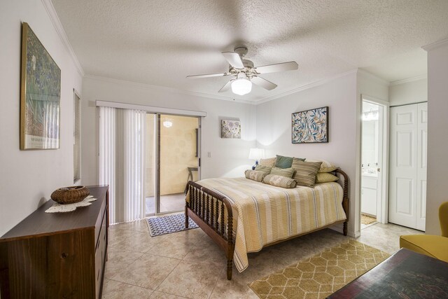 bedroom with crown molding, a textured ceiling, multiple windows, and light tile patterned floors