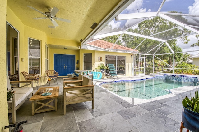 104 Cove Rd, Greenacres, FL 33413 - outdoor pool featuring a patio, ceiling fan, and glass enclosure