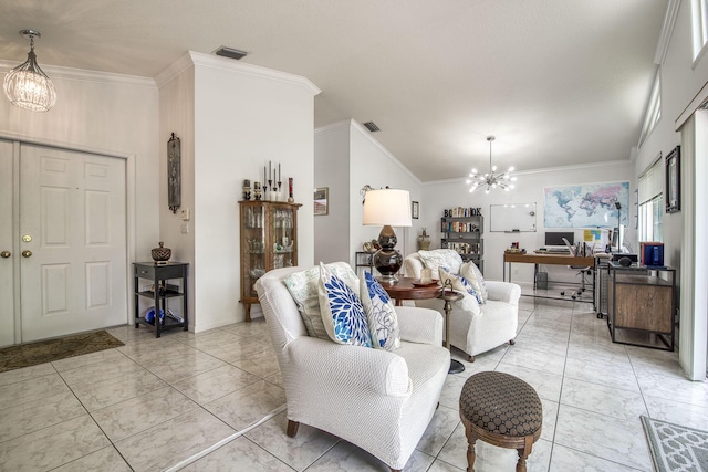 104 Cove Rd, Greenacres, FL 33413 - living area featuring a chandelier, a desk, light marble finish floors, lofted ceiling, and crown molding