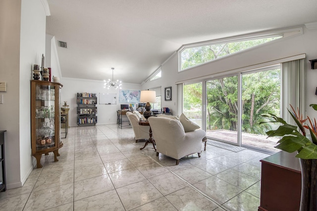 104 Cove Rd, Greenacres, FL 33413 - living area featuring lofted ceiling, a chandelier, crown molding, light marble finish flooring, and baseboards