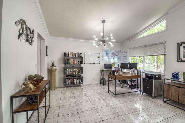 home office with light tile patterned floors, ornamental molding, lofted ceiling, and a notable chandelier