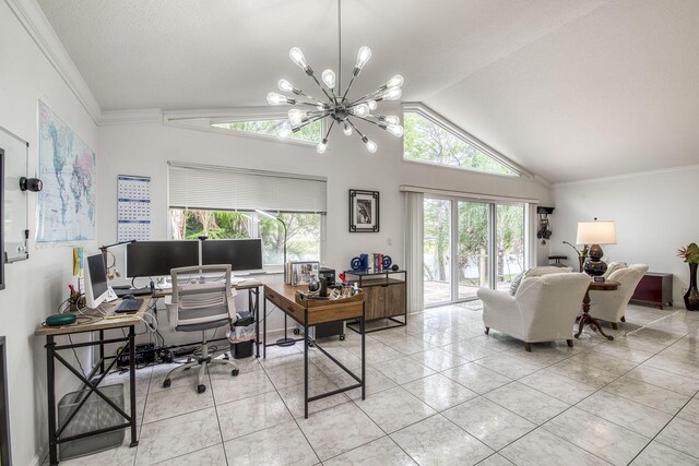 office space with ornamental molding, a chandelier, and vaulted ceiling