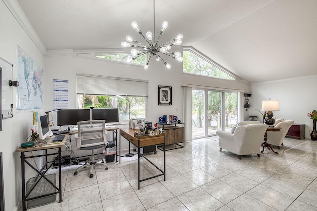 104 Cove Rd, Greenacres, FL 33413 - home office featuring vaulted ceiling, a chandelier, and ornamental molding