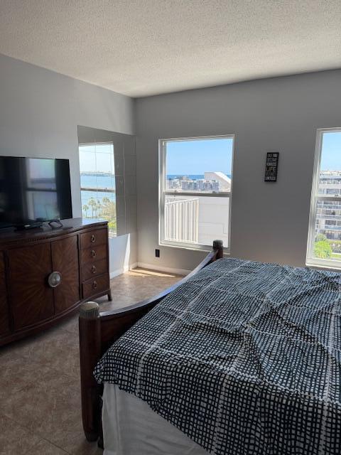 bedroom featuring multiple windows and a textured ceiling