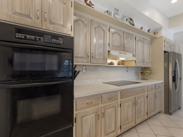 kitchen featuring light brown cabinets, open shelves, black appliances, light tile patterned floors, and under cabinet range hood