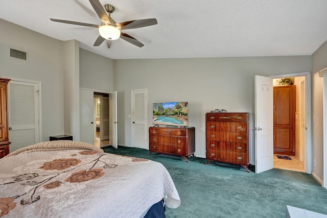 8933 NW 3rd Ct, Coral Springs, FL 33071 - bedroom featuring dark carpet, a textured ceiling, a ceiling fan, vaulted ceiling, and visible vents