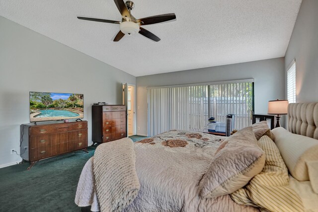 8933 NW 3rd Ct, Coral Springs, FL 33071 - bedroom featuring access to outside, a textured ceiling, a ceiling fan, vaulted ceiling, and dark colored carpet