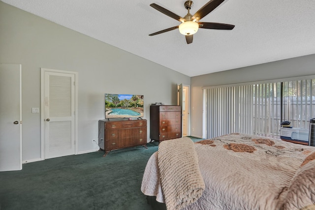 8933 NW 3rd Ct, Coral Springs, FL 33071 - carpeted bedroom featuring a textured ceiling, vaulted ceiling, and ceiling fan